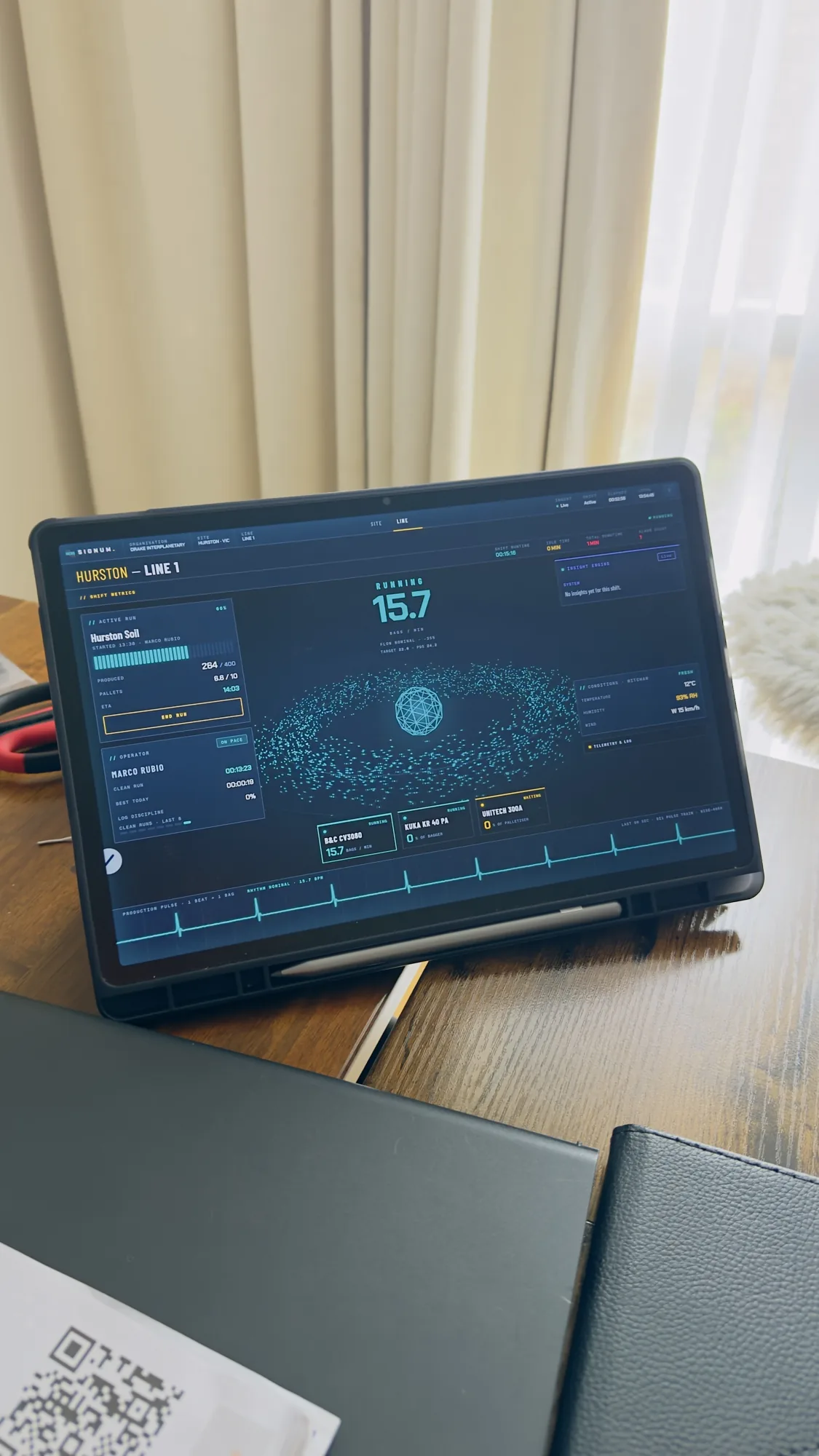 SIGNUM live view on a tablet showing Line 1 running at 15.7 bags a minute