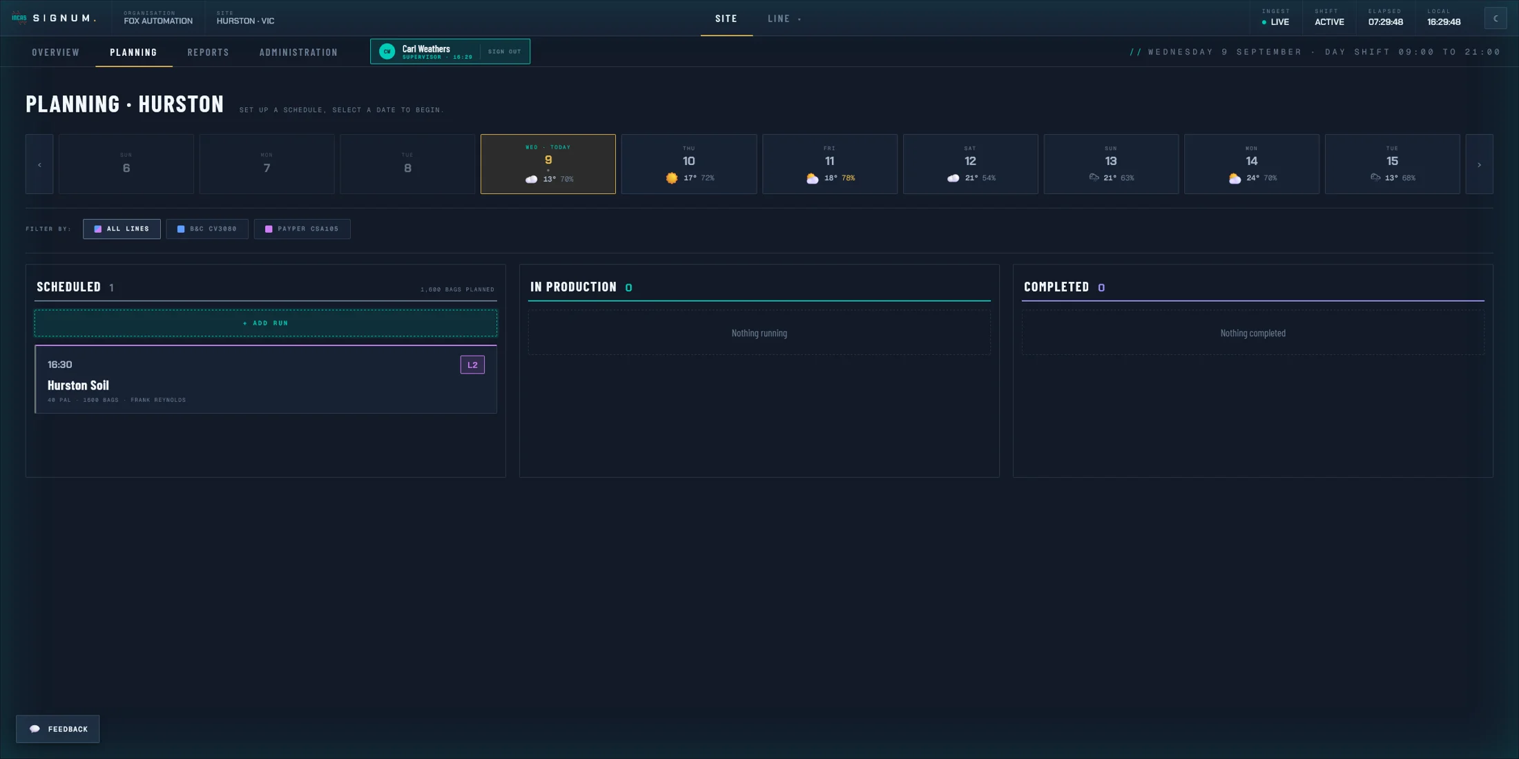 SIGNUM planning view showing a scheduled run queued for Hurston Soil